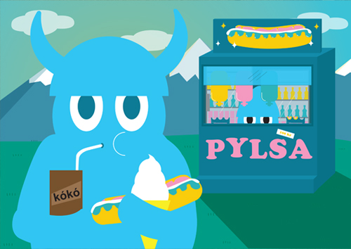 Illustration of a viking eating Icelandic hotdog or pylsa